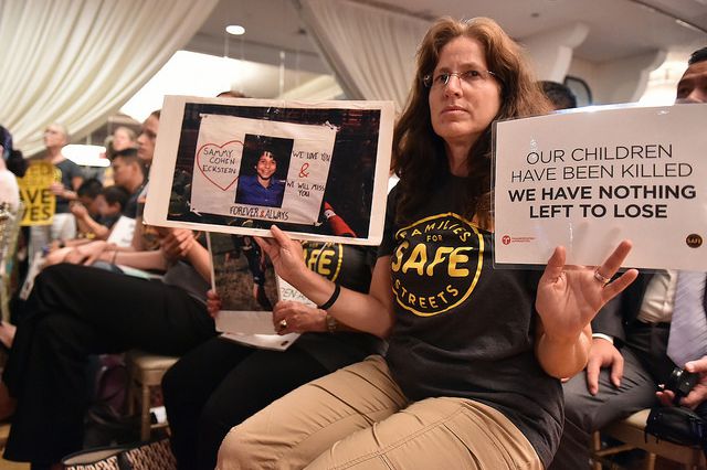 Amy Cohen, a founding member of Families for Safe Streets, at a rally to save speed cameras this past summer